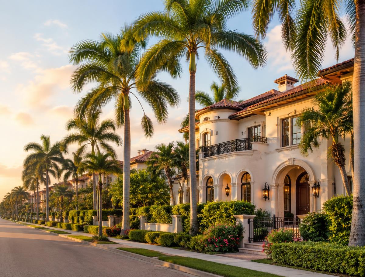 Boca Raton Mediterranean architecture and palm-lined street