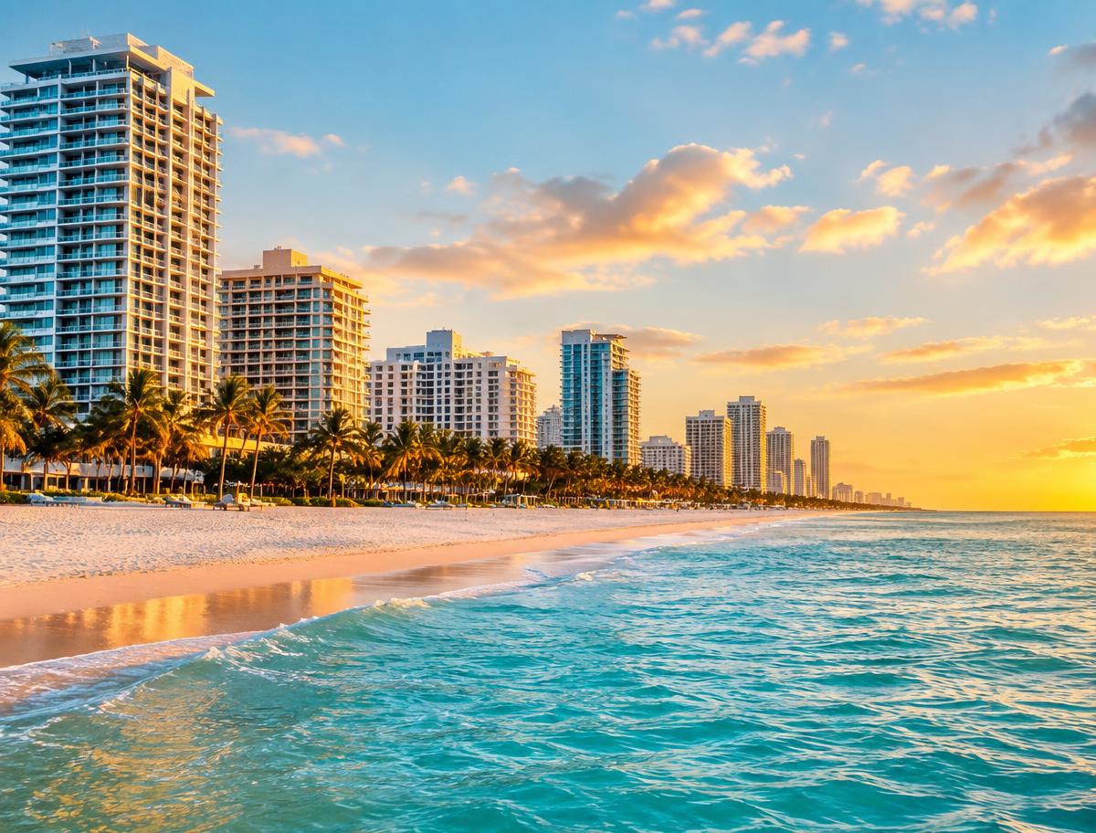 Miami Beach oceanfront buildings and sand at golden hour