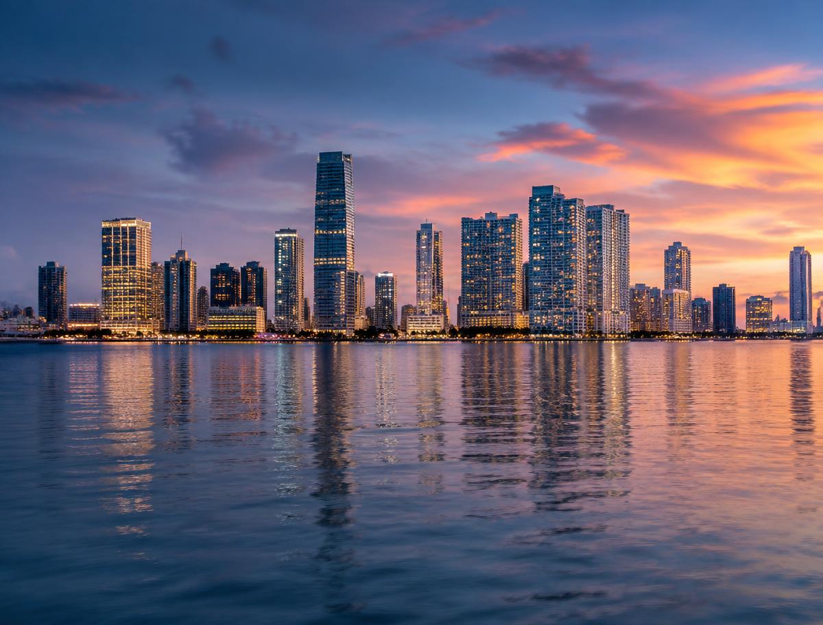 Miami skyline at dusk seen across Biscayne Bay