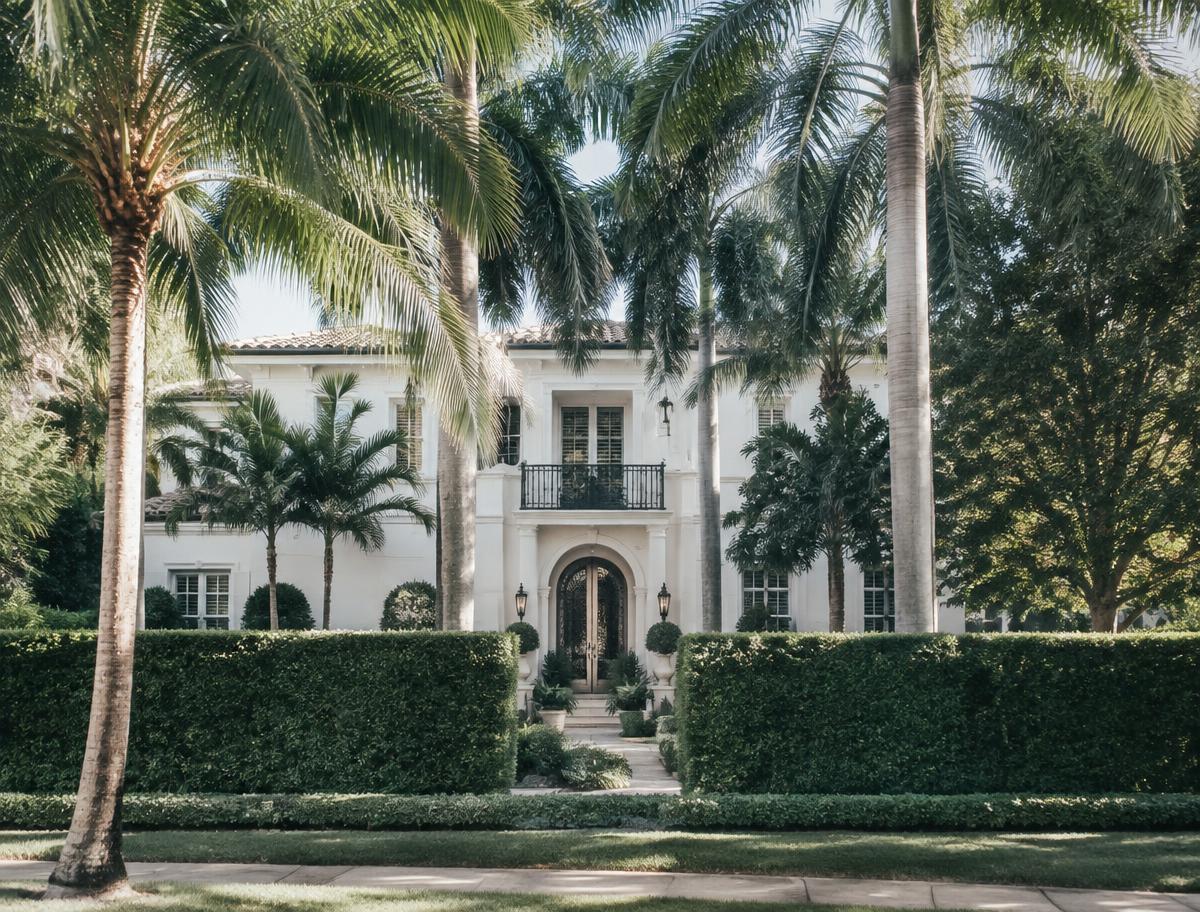 Palm Beach estate facade behind manicured hedges