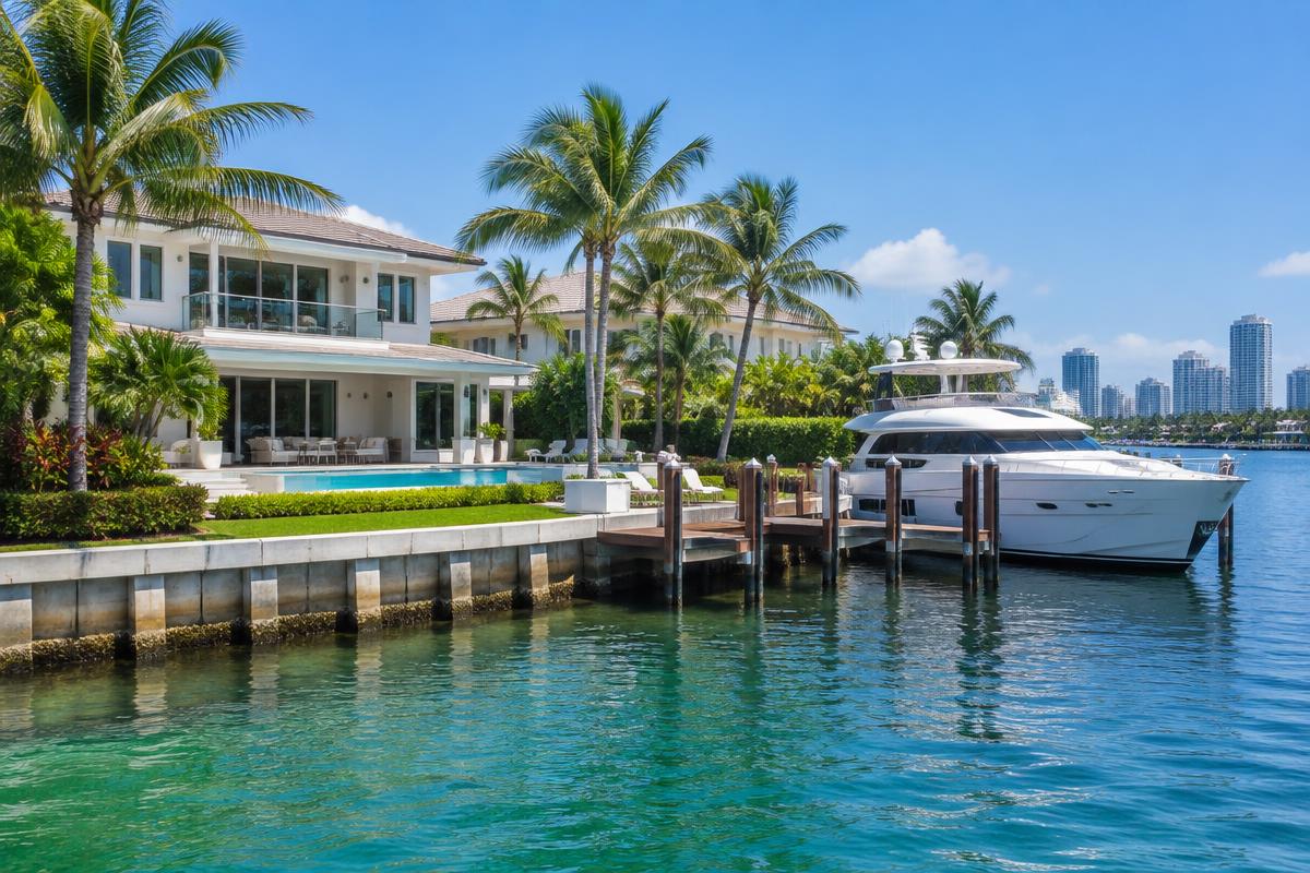 Private dock and yacht behind a Fort Lauderdale waterfront home