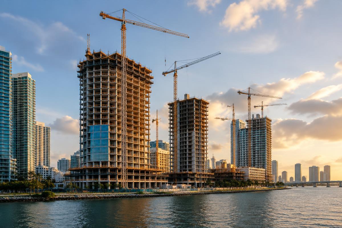 Construction cranes along the Edgewater Miami bayfront